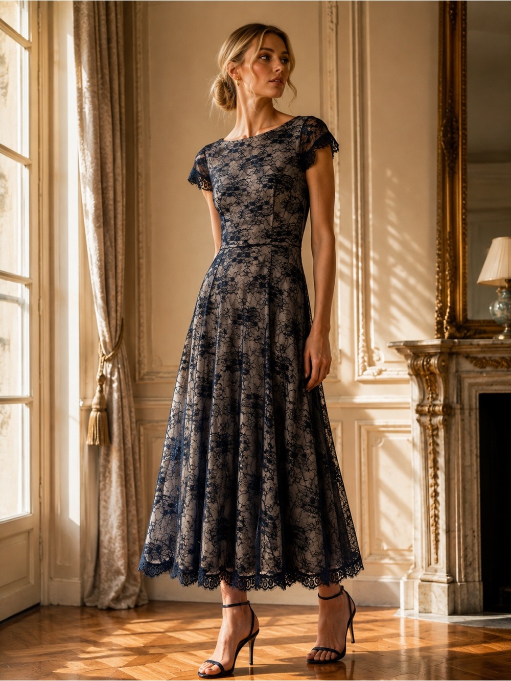 Temperly  London Navy Lace Fit & Flare Evening Dress